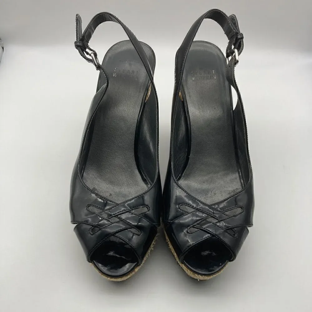 Stuart Weitzman Black Patent  Leather Wedge Platform Sandals Size 9,5